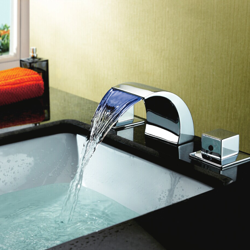 Color Changing LED Waterfall Widespread Bathroom Sink Faucet (Chrome