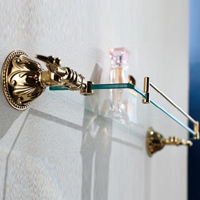Contemporary TiPVD Finish Golden Bath Shelf Brass Wall Mounted Glass