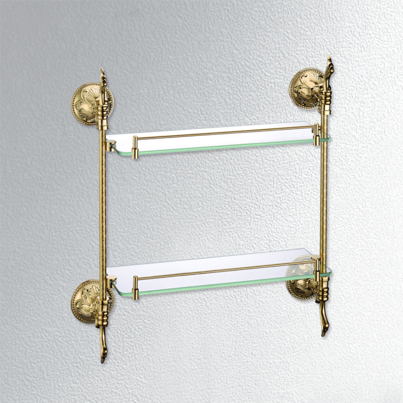 Contemporary TiPVD Finish Golden Doublelayer Bath Shelf Brass Wall Mounted Glass shelf with rail