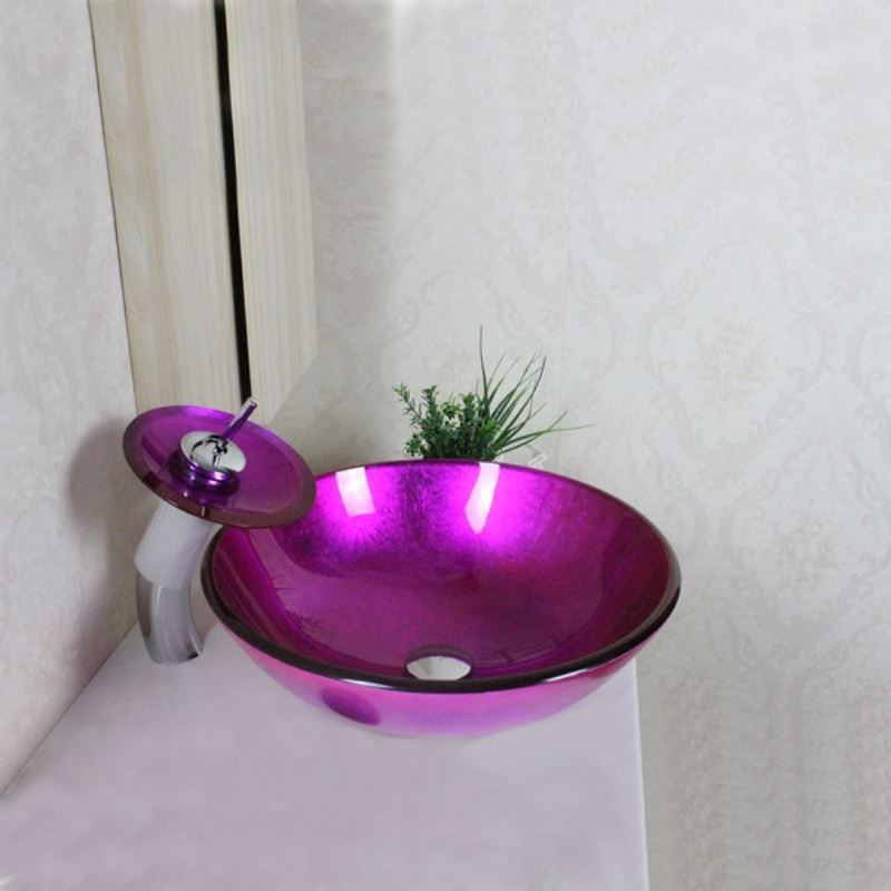 Victory Round Purple Tempered glass Vessel Sink With Waterfall Faucet