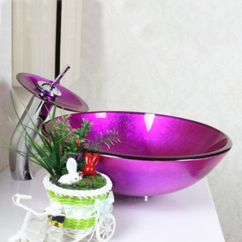 Victory Round Purple Tempered glass Vessel Sink With Waterfall Faucet