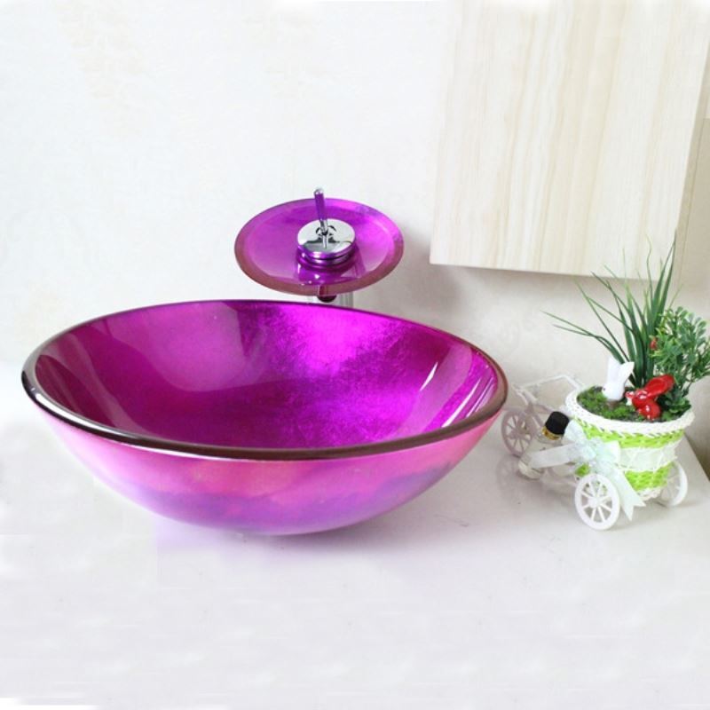 Victory Round Purple Tempered glass Vessel Sink With Waterfall Faucet