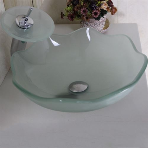Victory Round Frosted Tempered glass Vessel Sink With Waterfall Faucet