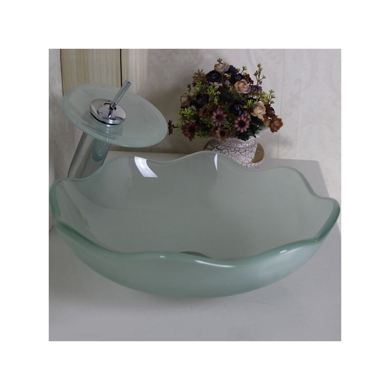 Victory Round Frosted Tempered glass Vessel Sink With Waterfall Faucet