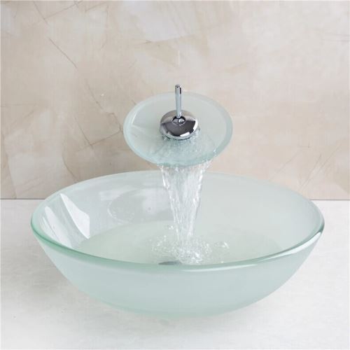 Frosted Round Tempered glass Vessel Sink With Waterfall Faucet
