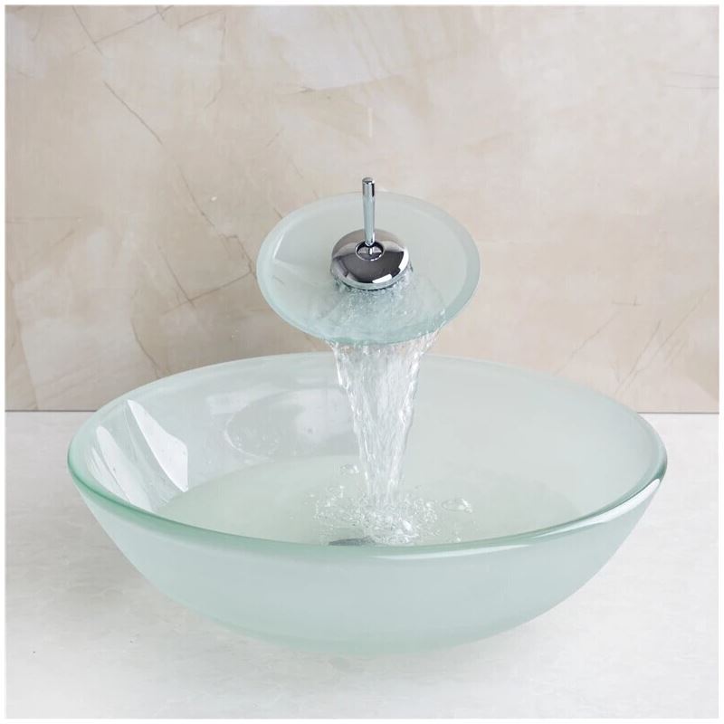 Frosted Round Tempered glass Vessel Sink With Waterfall Faucet