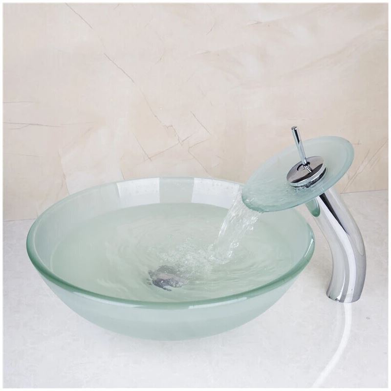 Frosted Round Tempered glass Vessel Sink With Waterfall Faucet
