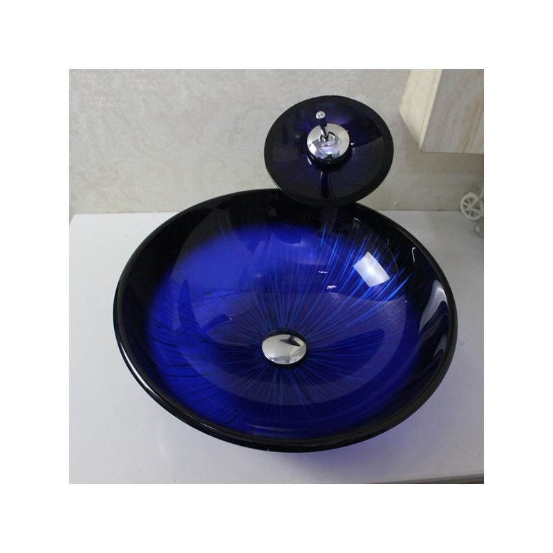 VT4211 Tempered Glass Vessel Round Sink With Waterfall Faucet and