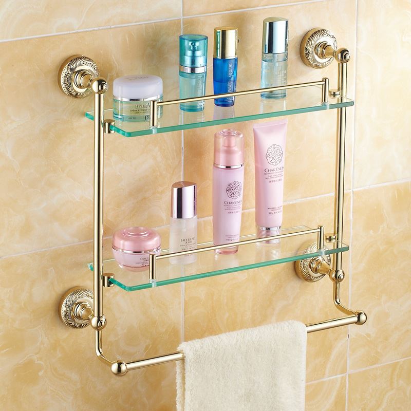 Modern Bathroom Accessories TiPVD Double Brass Bath Shelf Glass Shelf