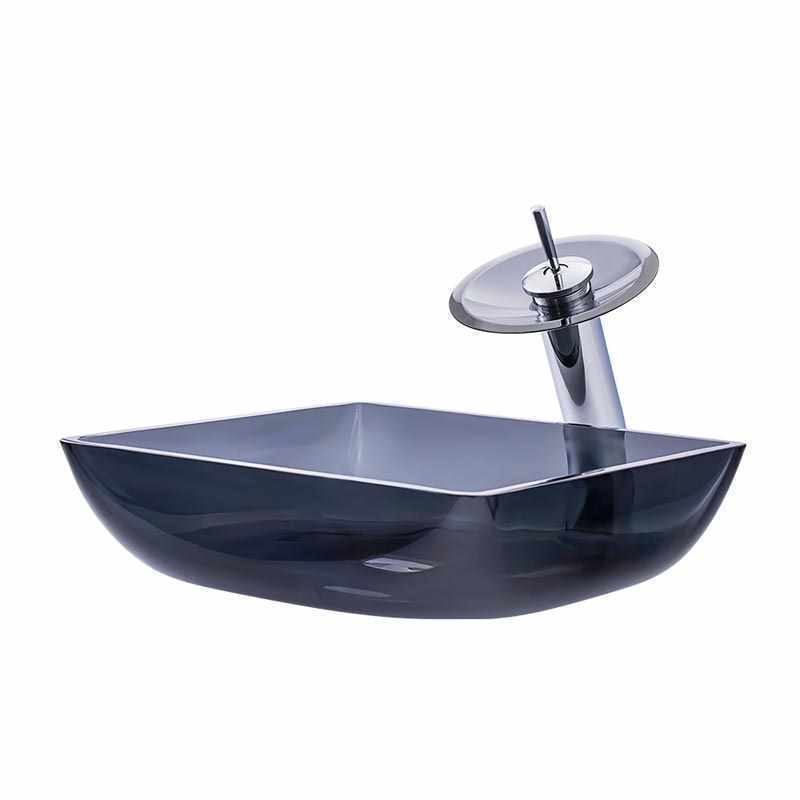 Glas Waschbecken Set Eckig Design mit Wasserfall Armatur