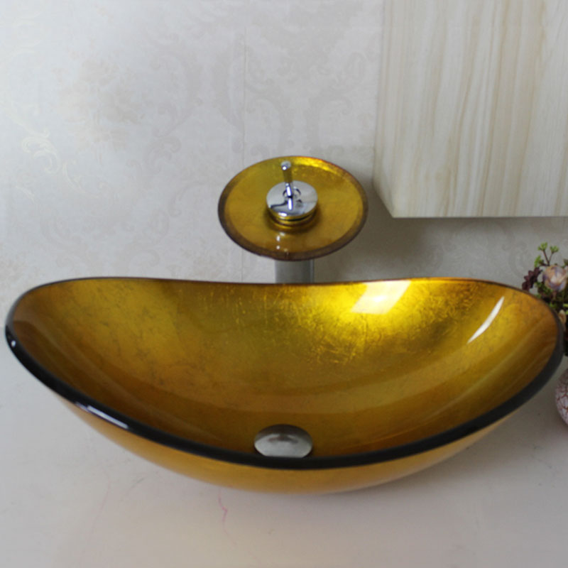 Gold Oval Glas Waschbecken mit Wasserfall Armatur Set