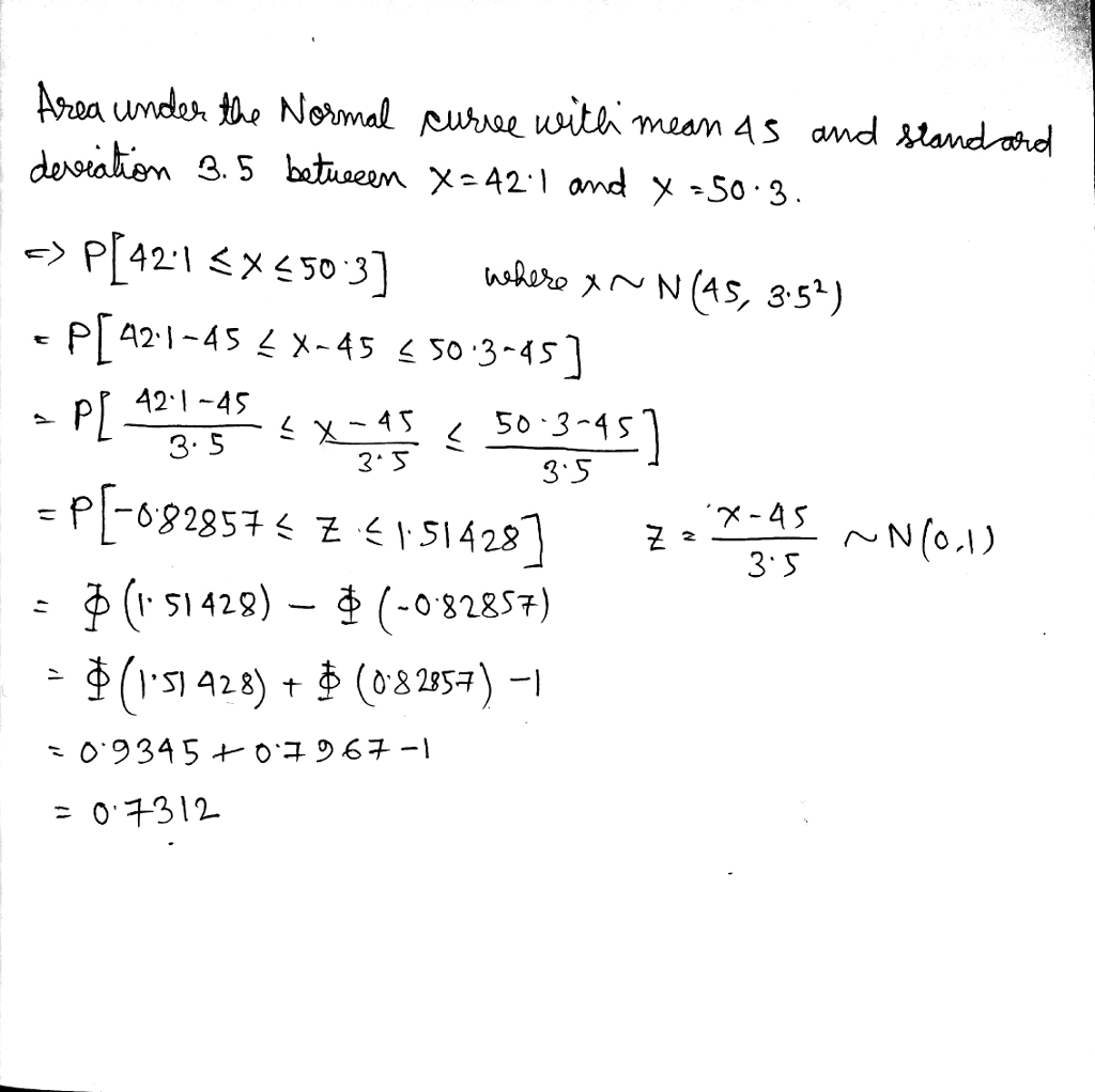 Find the area under the normal curve with mean 45 and standard