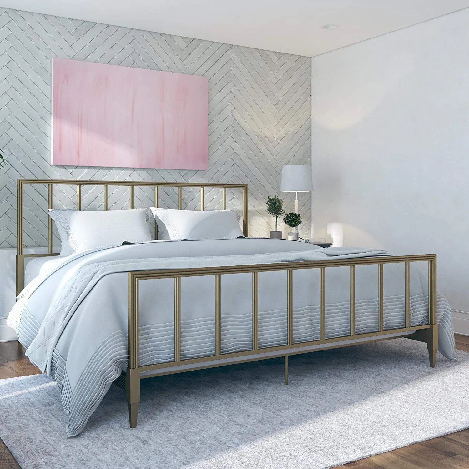 Jom king size canopy bed frame black metal 4 poster mattress foundation modern post corner with storage for girls boys adults. The Prettiest Gold Bed Frames For Every Price Point And Style Huffpost Life