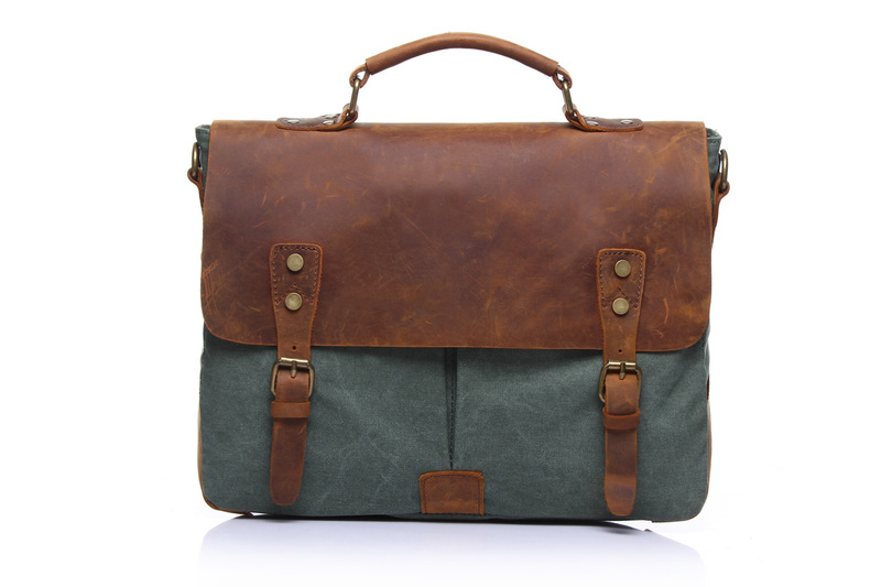 Dark Green Canvas & Leather Messenger Bag LH1602