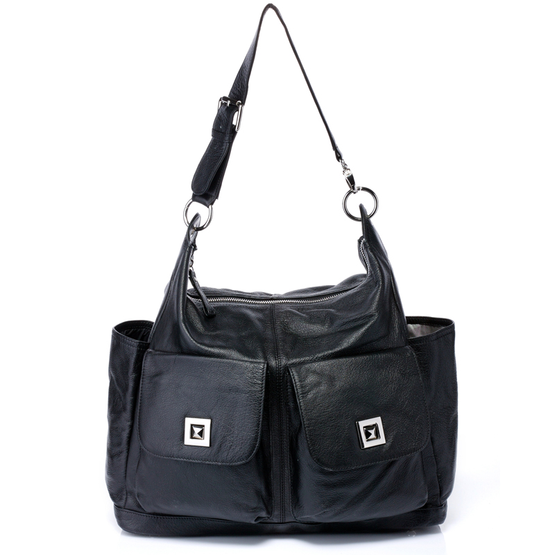 large capacity Baby Black Soft Italian Leather Diaper Bag Mummy Bag
