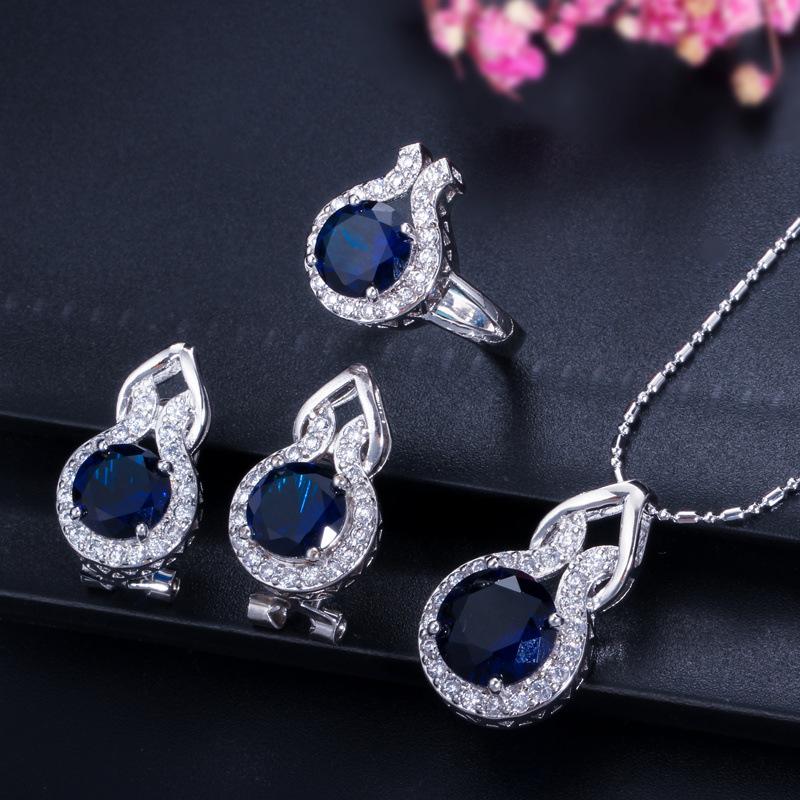 Buy Earrings+Necklace+Ring Top Brand Cubic Zircon Jewelry Fashion Round Light Blue Zircon