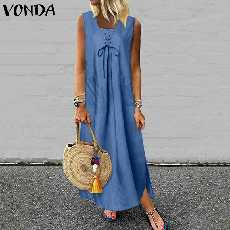 Buy VONDA Summer Women's Fashion Holiday Slit Hem Maxi Dress With