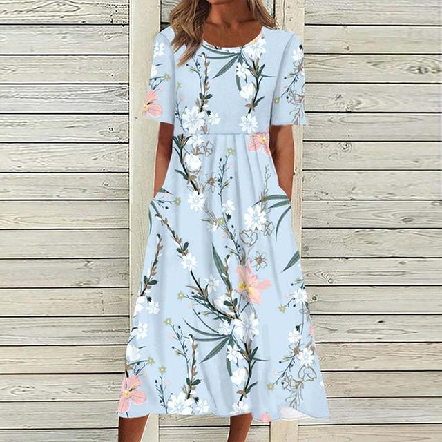 Cheap Summer Dress Women O Neck Pocket Casual Print Mini Dresses For