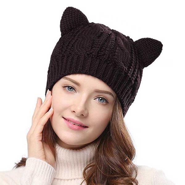 Women Winter Fashion Keep Warm Cat Ear Winter Hats Knitted Wool Hemming