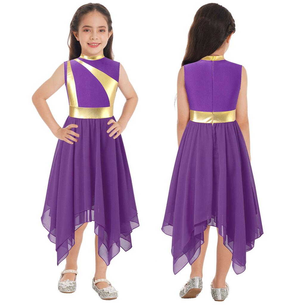 Kids Girls Praise Dancing Dress Metallic Patchwork Sleeveless Asymmetrical Hem Dress Modern