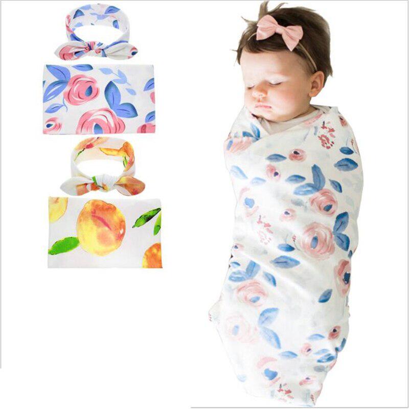 2Pcs/set Floral Peach Swaddle Wrap Swaddling Unisex Headband Sleeping