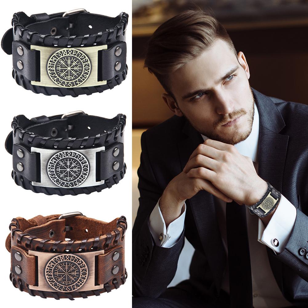 Vintage Wristbands Compass Wide Leather Bangle Nordic Men Bracelet