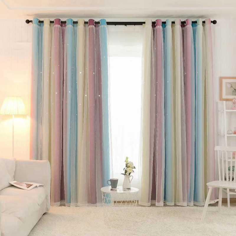 Hollowed Out Stars Blackout Curtain DoubleLayer Shading Window Drapes