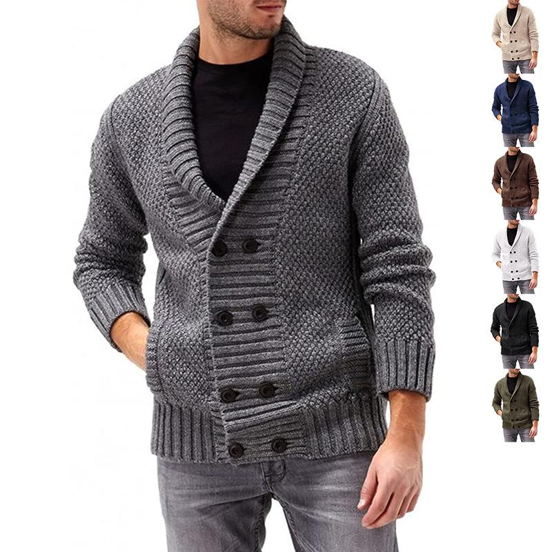 Buy Men's Sweater Cardigan Solid Color Lapel Doublebreasted Long