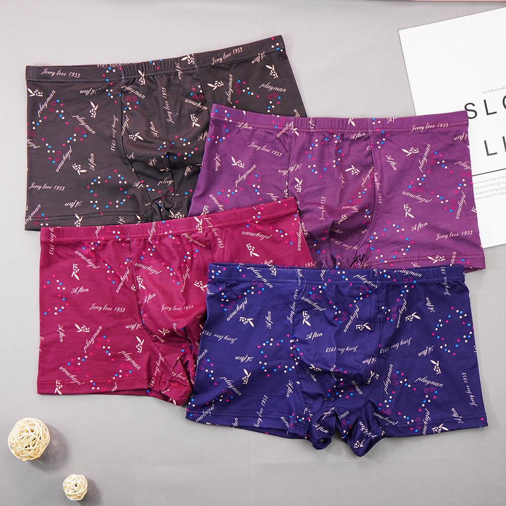 Buy 4 Pcs L4XL Men's Cotton Boxer Elastic Breathable Print Pattern