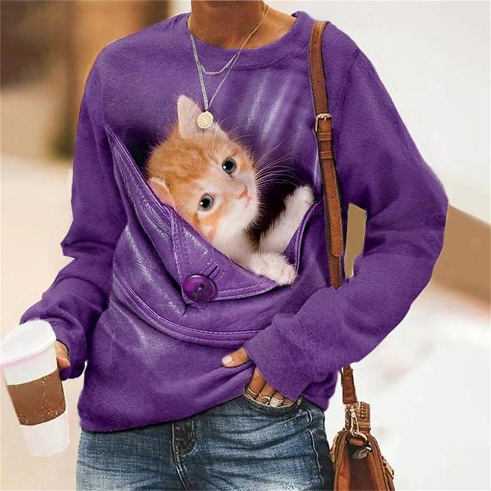 Acheter Automne Tshirt femme Kawaii Cat Sweater à manches longues Sweatershirt Mode Streetwear