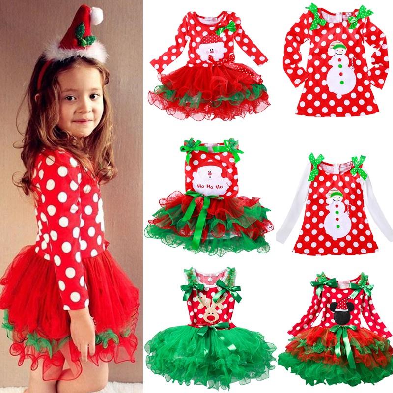 Buy Kids Xmas Dress Toddler Red Santa Long Sleeve Dot Tutu Dresses