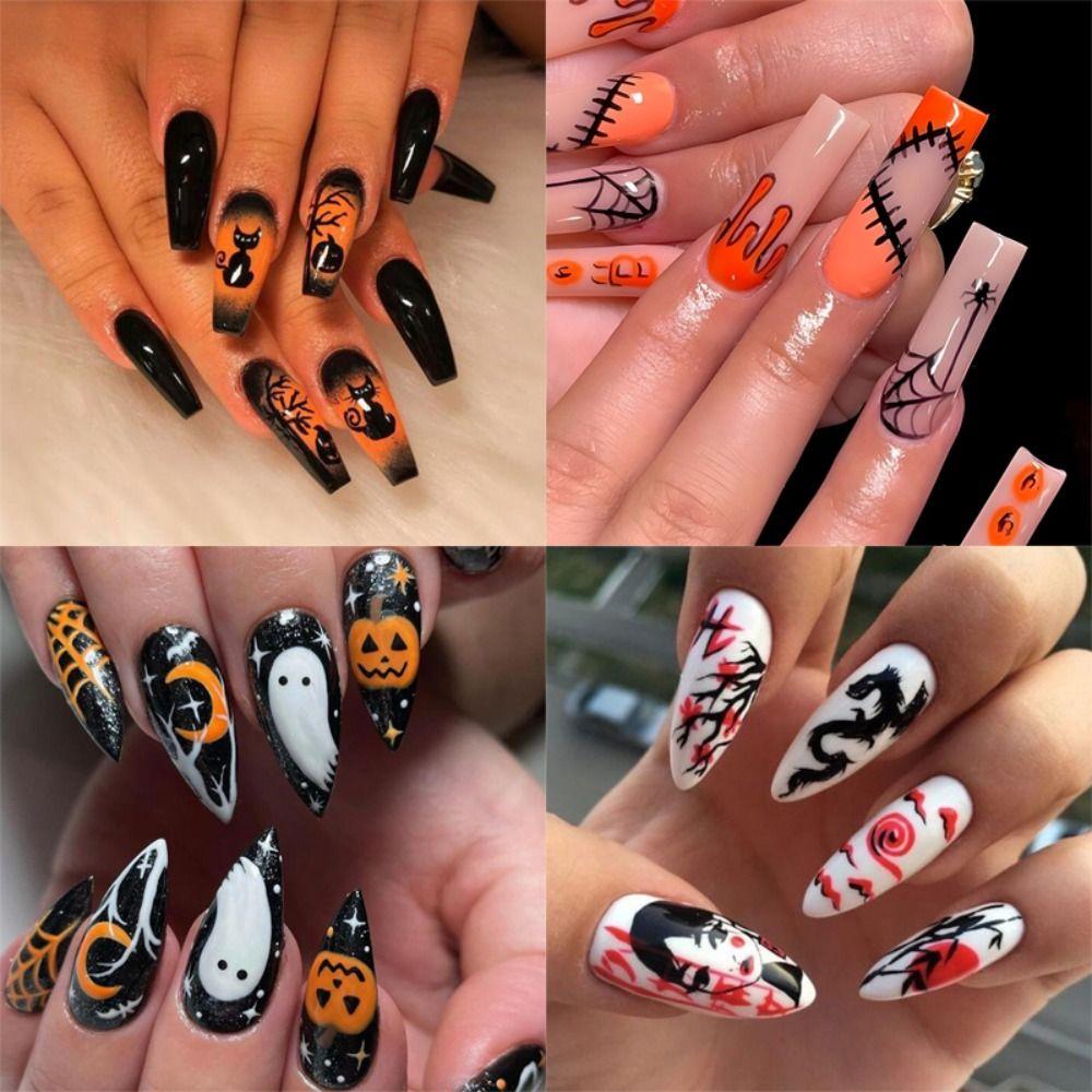 Cheap Wearable Manicure Halloween Almond Fake Nails Medium Length Nail