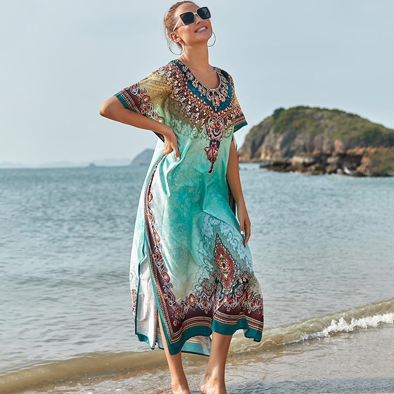 Cheap Plus Size Bikini Coverups Quickdrying Fabric Green Boho Printed