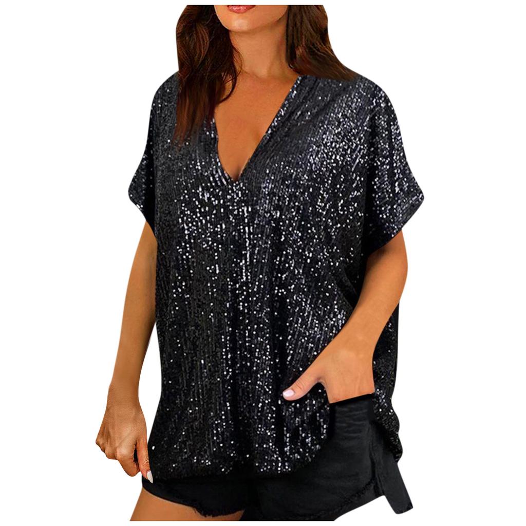 Cheap Sequin Tops VNeck Short Sleeve Women's Tops Loose Shiny Tops For
