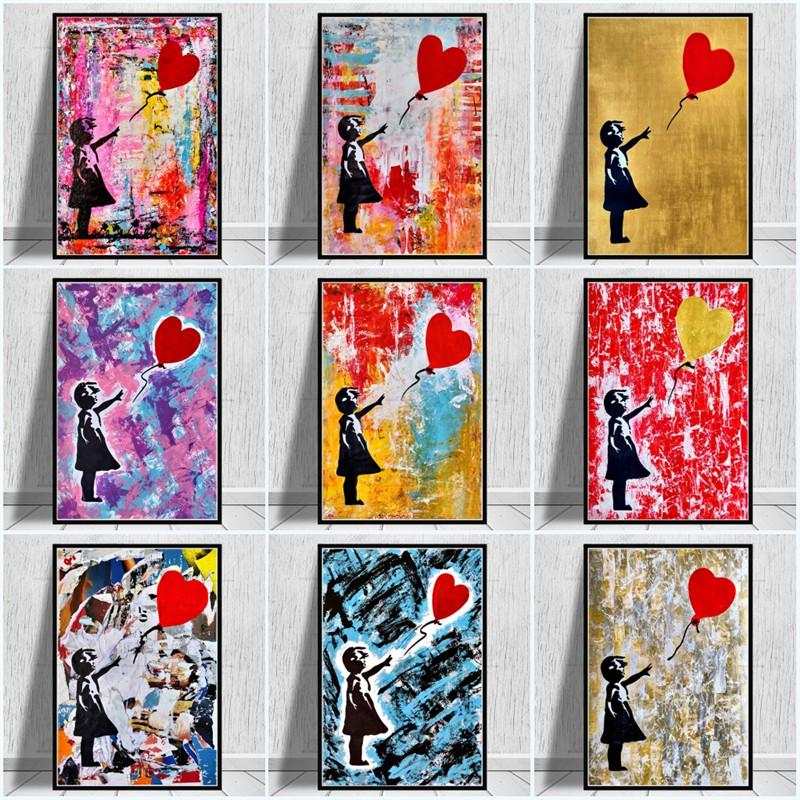 Cheap Banksy Graffiti Art Abstract Girl Holding A Balloon Canvas