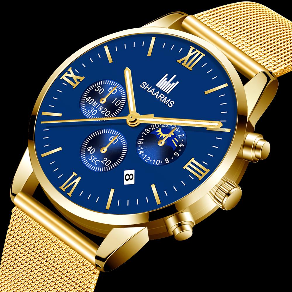 Herrenuhr Luxus Mode Gold Farbe Quarzuhr Simulation Mond Phase Herren