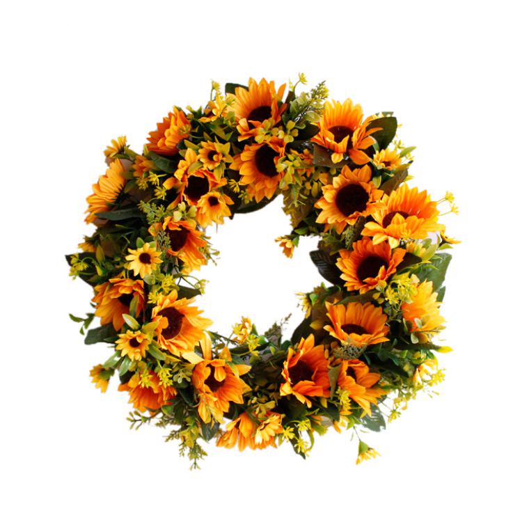 Buy Decorative Artificial Flower Wreath Garland With Yellow Sunflower And Green Leaves Front