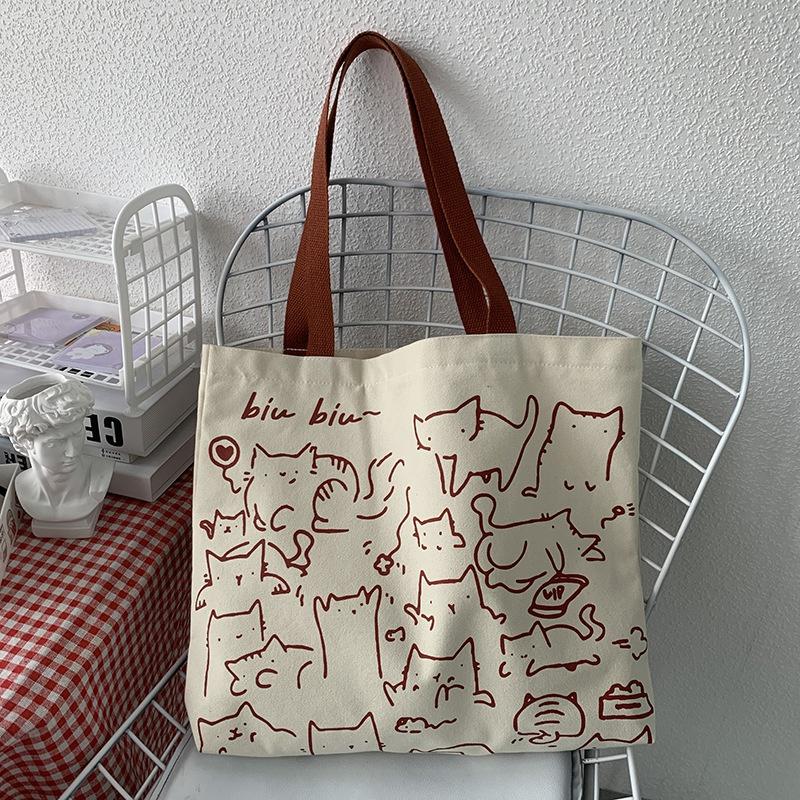 Buy Canvas Bags Handbag for Women Shopper Cute Cat Tote Bag with Zipper