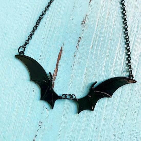 Cheap Halloween Bat Wing Necklace Gothic Cool Punk Black Silver Color