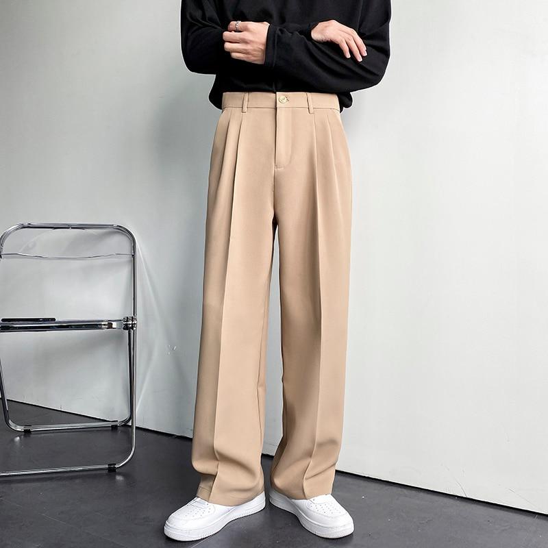 Satın alın Men Suit Pants Solid Full Baggy Casual Wide Leg Trousers for Men Khaki Black White