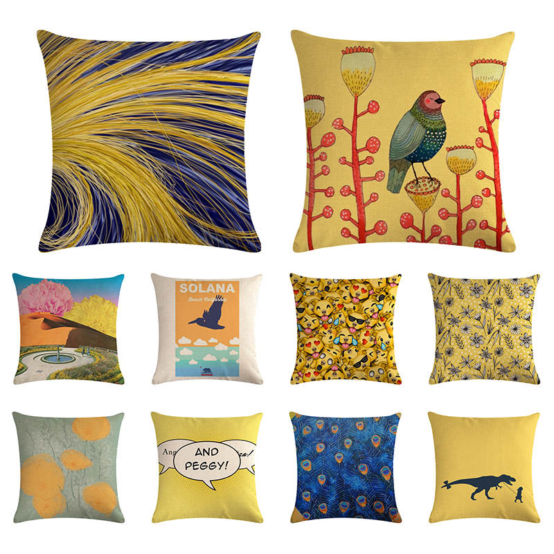 Geometric Nordic Yellow Flower Fruit Birds Cushion Cover Decorative