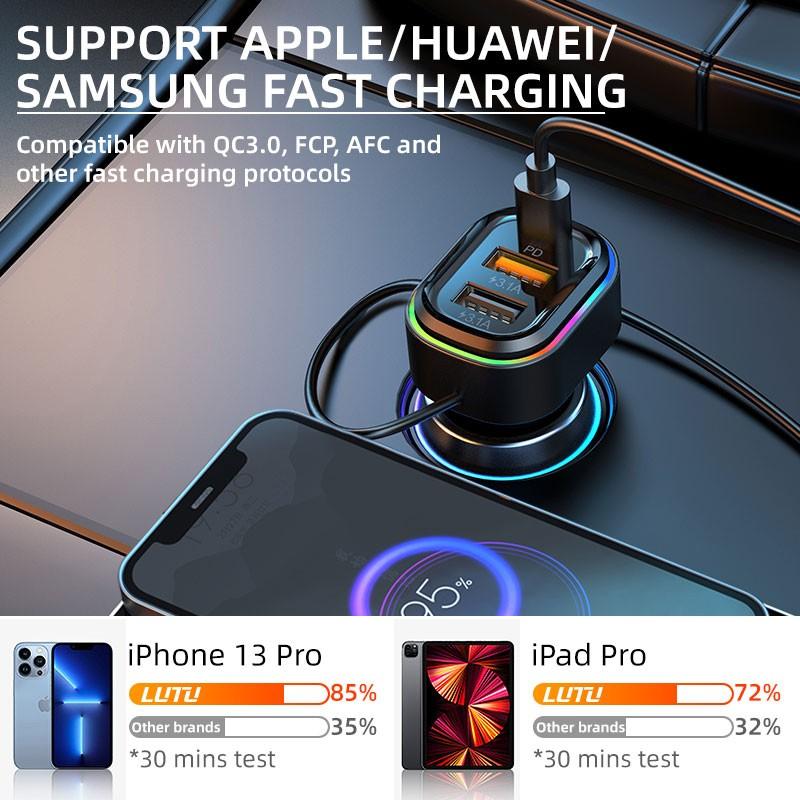 Kjøp Multifunctional Car Charger With Three Charging Cables Auto Phone Charging Pd Dual Usb Fast
