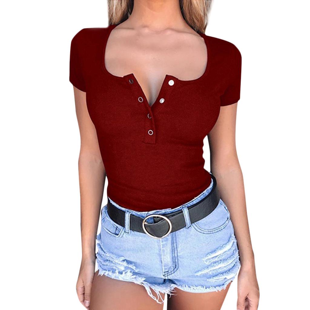 Cheap Fashion Womens Sexy Solid Tank Top Short Sleeve Button Blouse T