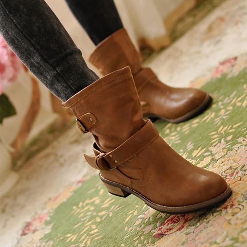 Womens Damen Mitte der Wade Knöchel warme Stiefel niedrig Block Ferse flach Winter Schnalle