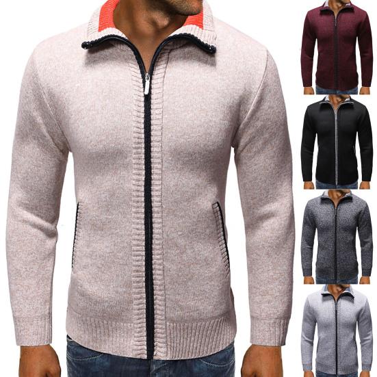 Buy Long Sleeve Two Pockets Sweater Coat Soft Texture Stand Collar