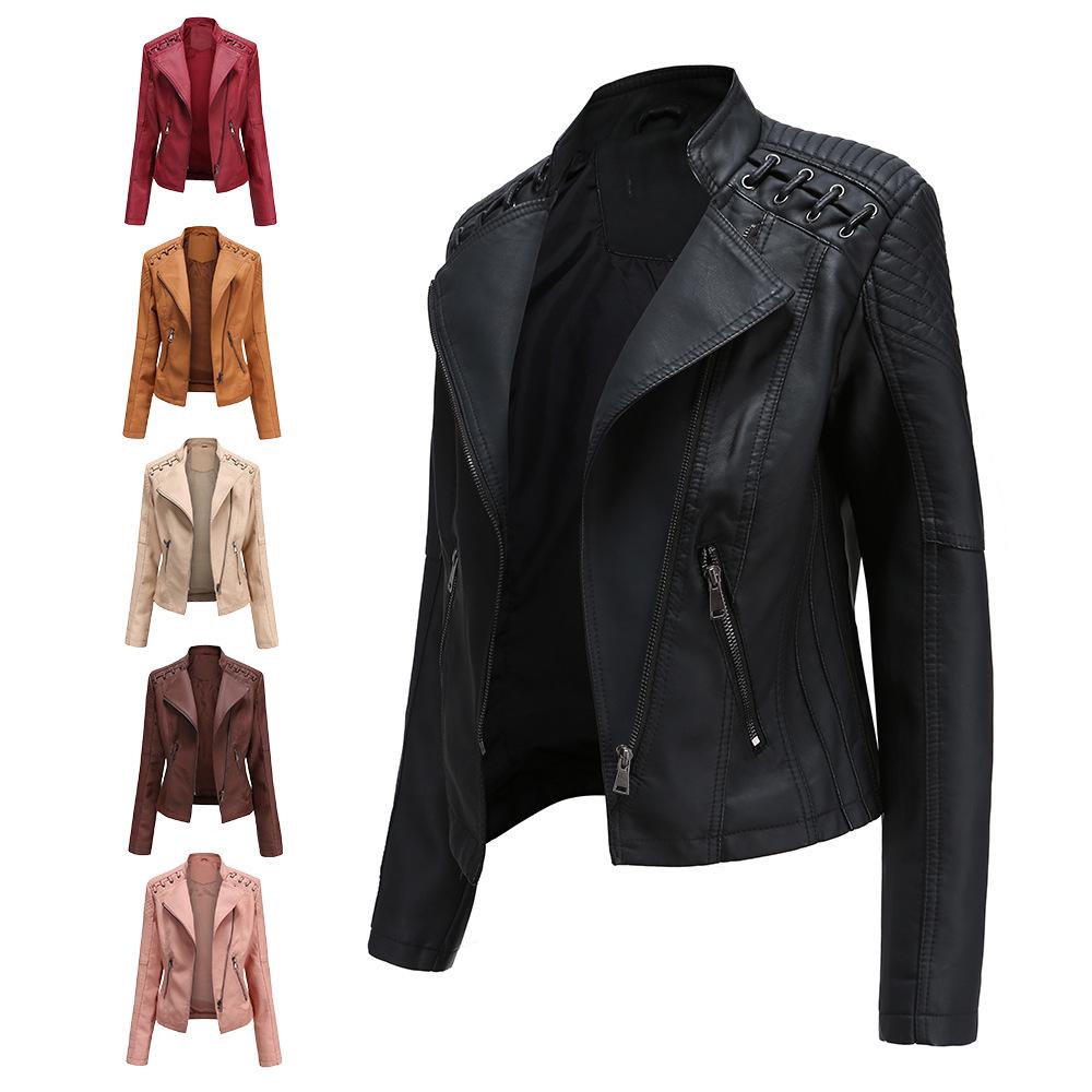 Cheap Women Fashion Laceup Leather Jacket Slim Fit Spring Autumn