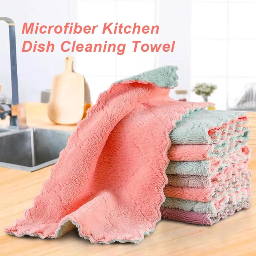 1pc Double Layer Coral Fleece Rag Cleaning Cloth Kitchen Pad Kitchen