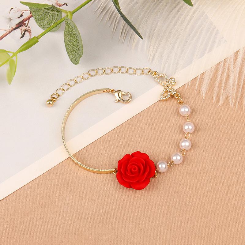 Buy 2021 Red Rose Pearl Flower Bracelet Women French Temperament All