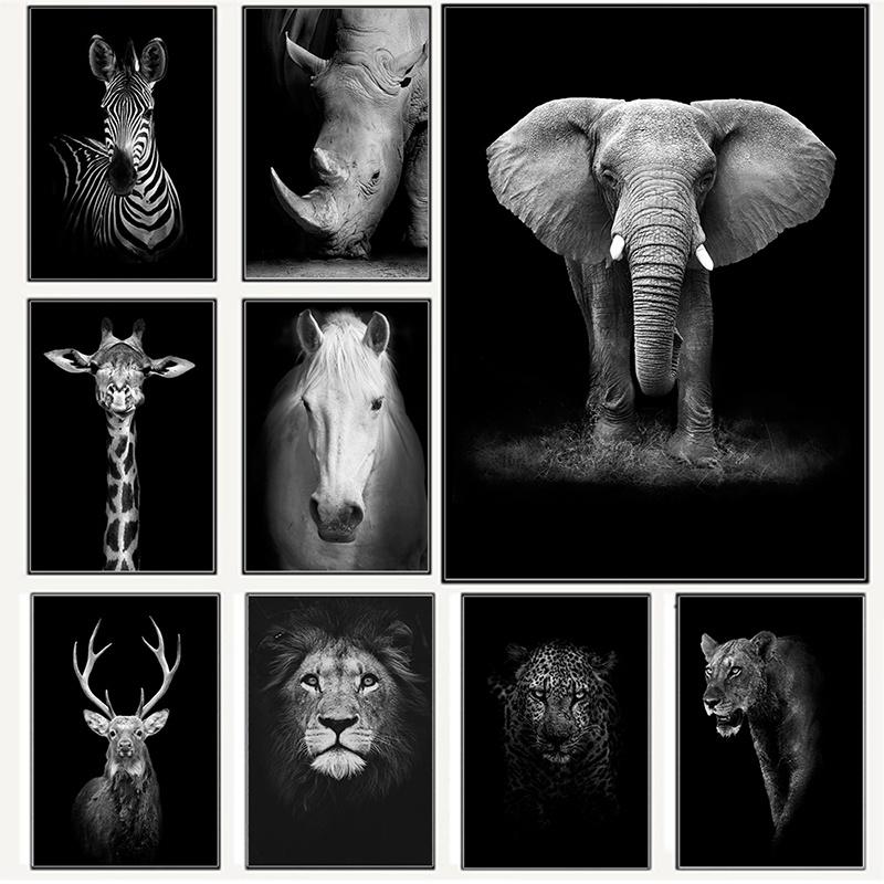 Satın alın 1Pcs Black And White Animal Canvas Wall Art Lion Elephant