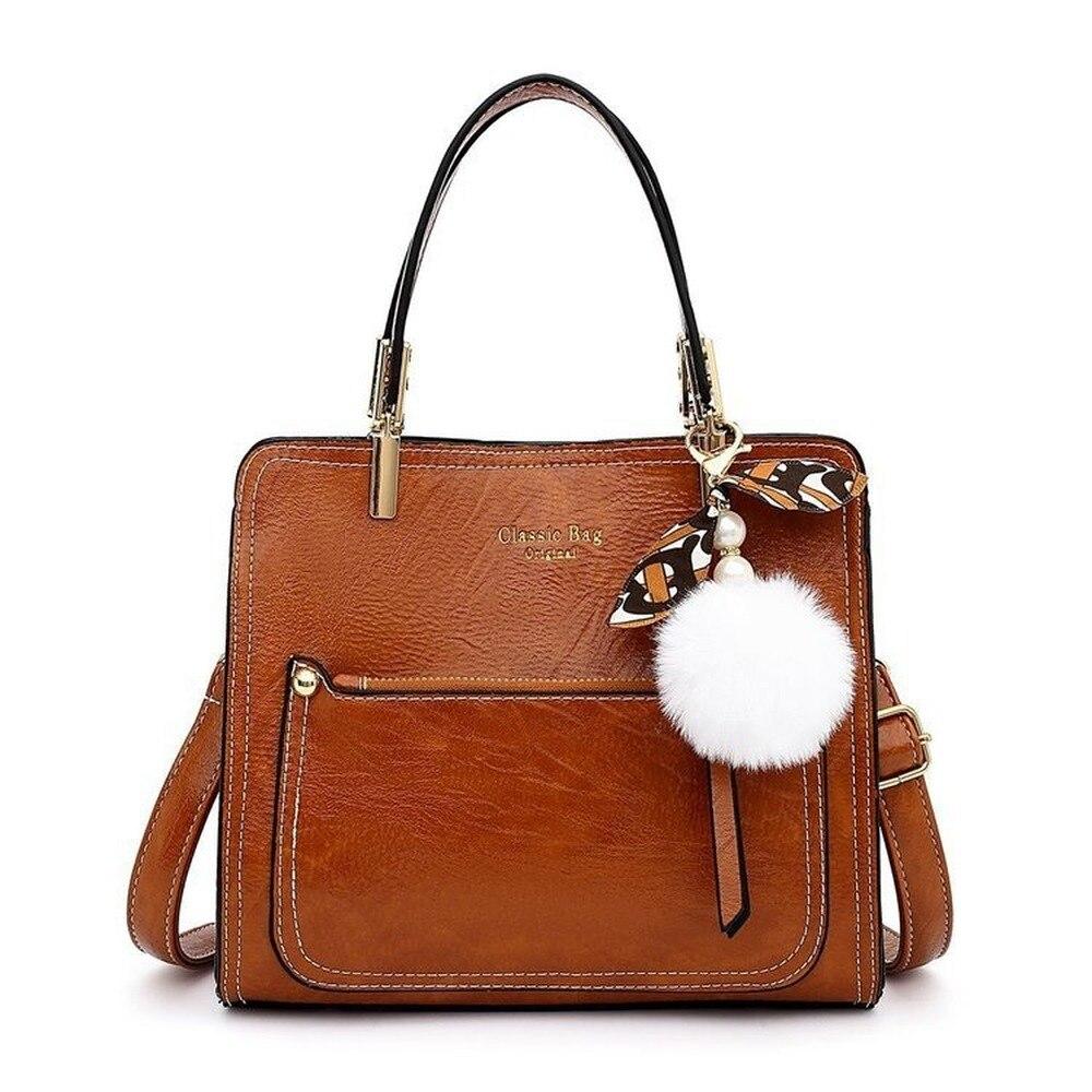 Buy Handbags 2021 New Fashion Oily Leather Tassel Bag Fur Ball Decoration Handbag Fresh Shoulder